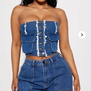 Fashion Nova Blue Denim Strapless Crop Top